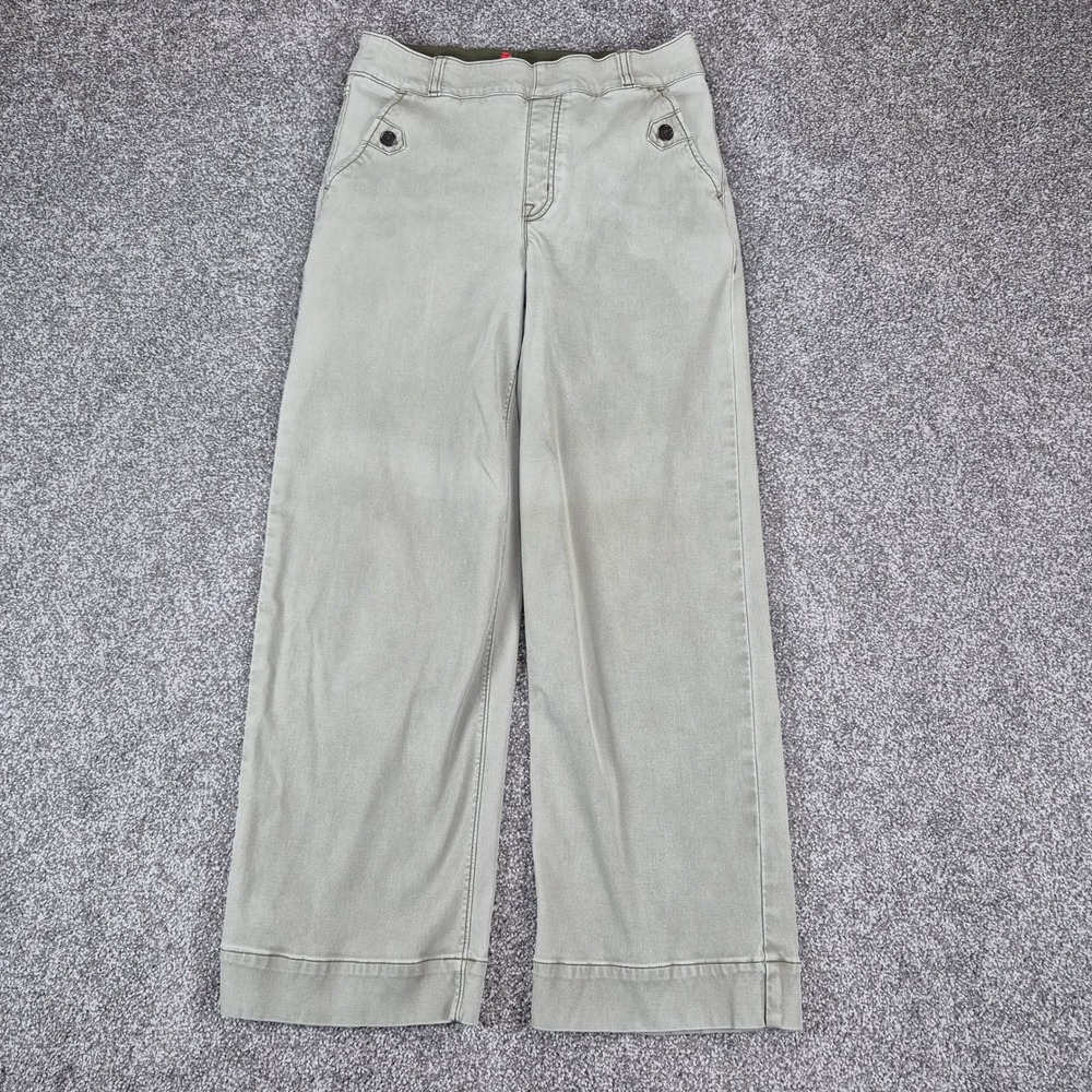 Spanx Twill Cropped Wide Leg Pants Womens Medium Green Pull On High Rise
